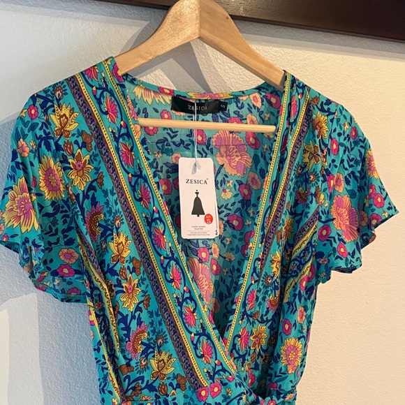 🆕 Zesica Vibrant Floral Wrap Midi Dress Blue and Pink, Size S - Picture 5 of 11